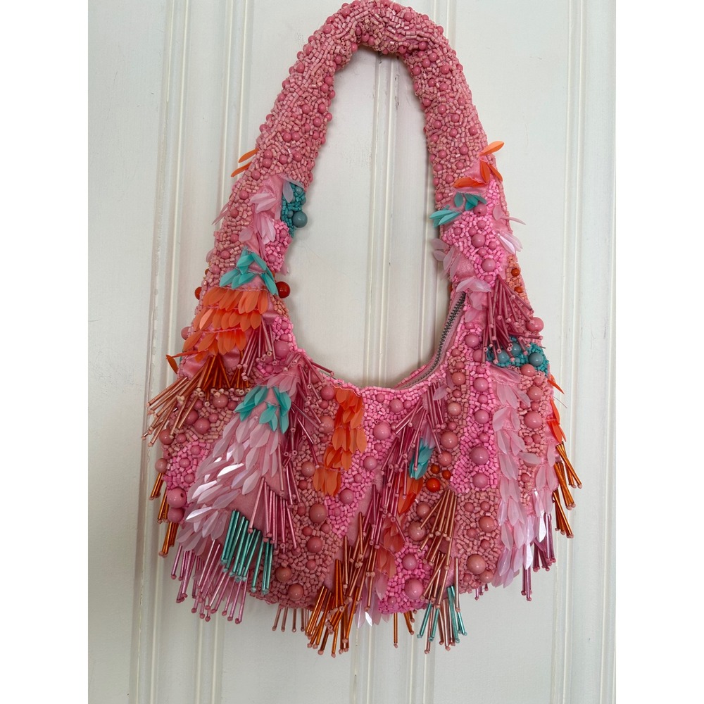 Viral Pink Beaded Y2K Fringe Moon Bag Sequin Shoulder Purse Made in India